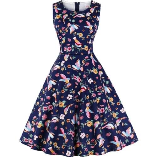 Lobster Floral Bird Print 50s Pinup A Line Vintage Dress Women Summer Round Neck 50s 60s Big Swing Casual Rockabilly Dresses