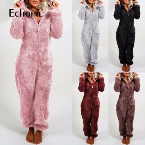 Echoine Winter Women Solid plus plush thickened Onesies Adults Hooded Pajamas Romper Jumpsuit sexy sleepwear plus size 5XL