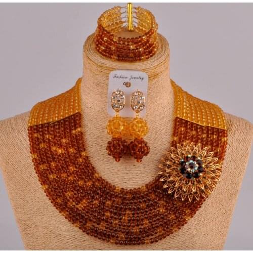 Champagne gold and brown costume necklace african beads jewelry set crystal 10SZ