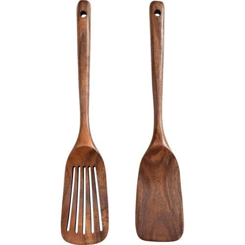 1-2Pcs/Set Teak Natural Wood Tableware Long Handle Spatula Slotted Cooking Utensils Wooden Kitchen Tool Kit