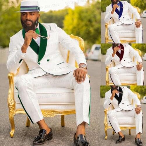 2020 Classic Green Velvet Shawl Lapel Men Suit White Wedding Groom Suits Double Breasted Costume Homme 2 Piece Jacket Pants Set