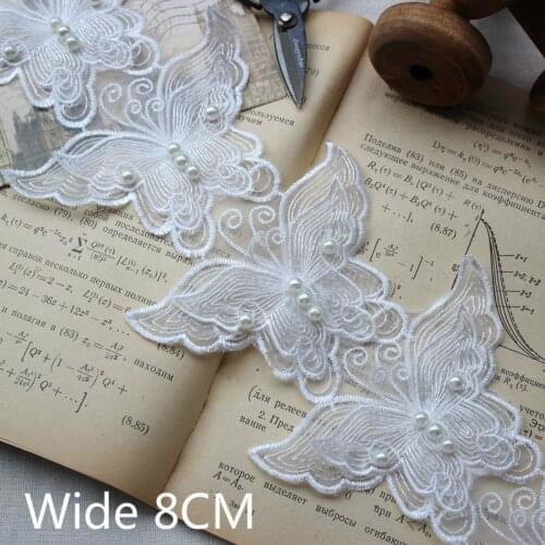6P 8CM White Exquisite Organza 3D Butterfly Beaded Tulle Lace Fabric Collar Patch Applique Decorated Wedding Dress DIY Sewing