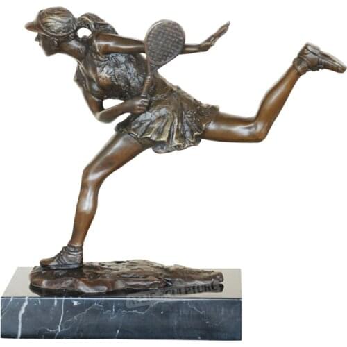 Bronze Playing Tennis Young Girl Statue Sculpture Sport Female Art Home Ornament Gift