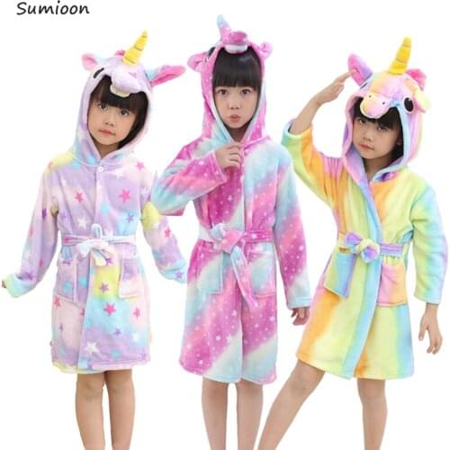 Kigurumi Childrens Dressing Gown Animal Unicorn Bathrobe Baby Bathing Suit Boys Girls Hooded Robe Flannel Sleepwear Nightgown