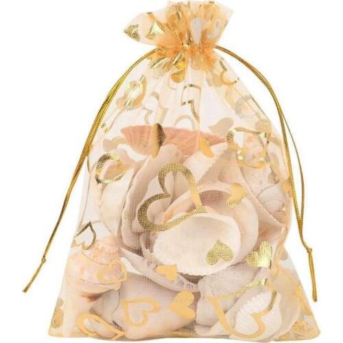 Hot YO-100Pcs 9x12cm Sheer Drawstring Heart Organza Jewelry Pouches Wedding Party Christmas Favor Gift Bags (Gold)