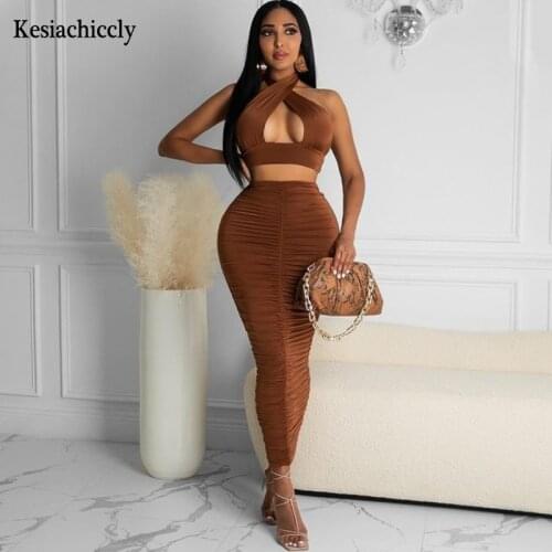 Kesiachiccly Elegant Long Dress Women Halter Backless Sexy Maxi Long Summer Dress Ruched Backless Party Bodycon Dress Vestidos