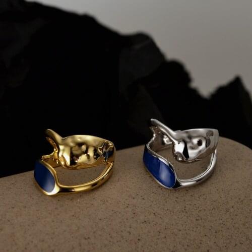 Korean simple S925 sterling silver hollow drip glaze ring female ins wind open blue enamel index finger ring