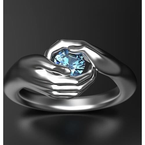 Creative Female Blue Sapphire Stone Wedding Ring Vintage Hands Protection Mermaid Tears Claddagh Ring For Women Jewelry Gifts