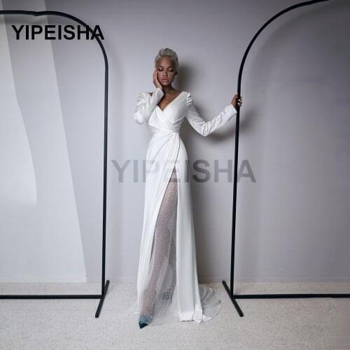 V-Neck Long Sleeve Simple Evening Dresses Front High Split A-Line Court Train Prom Party Gown robe de soirée de mariage vestidos