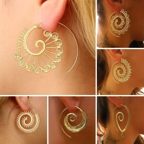 Vintage Boho Ornate Swirl Hoop Earrings for Women Gypsy Indian Tribal Ethnic Flower Earring Summer Beach Jewelry Accessories