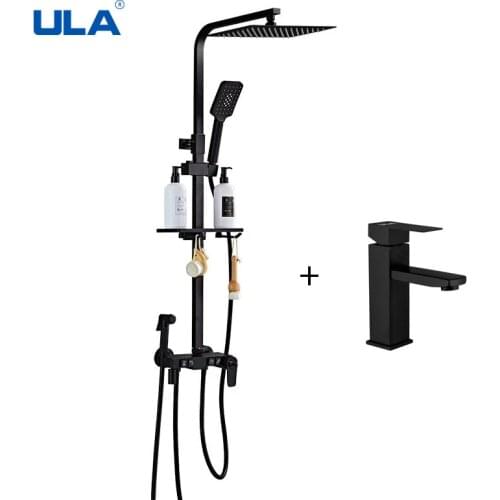 ULA Thermostatic Shower Faucet Set with Black Basin Faucet Digital Display Mixer Tap Bathtub Mixer 4-way Rainfall Shower System