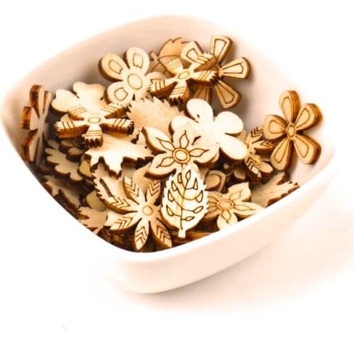 Home Decoration Handmade Accessory Scrapbooking Sewing Craft DIY Natural Flower Leaves Pattern Wooden Embellishment 20mm 50pcs