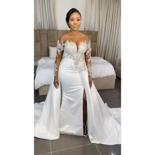 Gorgeous Off the Shoulder Wedding Dresses with Removable Overskirt Crystals Beading Split Side Vestido de Noiva Bridal Gowns