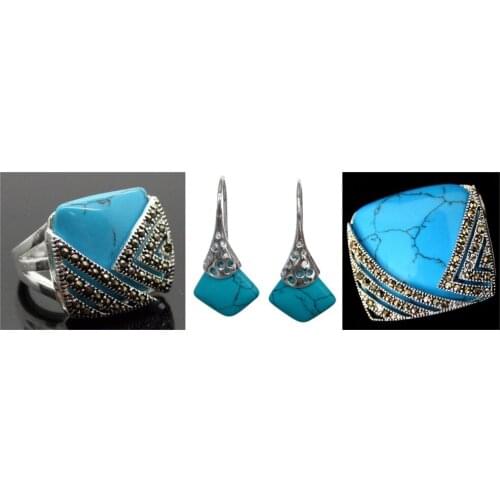 Vintage Blue Turquoise 925 Sterling Silver Marcasite Ring (#7-10) pendant and earrings sets 02