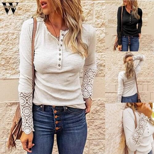 Women Tshirt Hollow Out V-neck Lace Long Sleeve White Black Button 2020 Spring Autumn Casual Tunic Tees Top Elegant Blusas Mujer