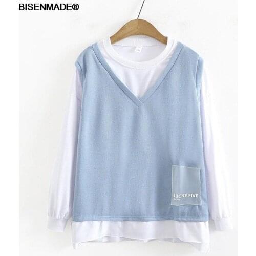 Women Clothing Hoodies & Sweatshirts M/XXL 2021 Autumn New Loose Casual Contrast Color Fake Two Pieces Female Tops 2606