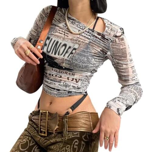 Women See-through Mesh T-shirt Adults Sexy Newspaper Print Long Sleeve Round Neck Crop Tops