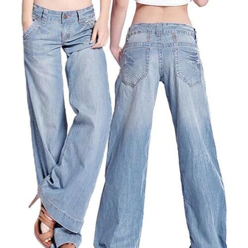 Womens Fashion Temperament Casual Vintage Wide-legged Jeans Flared Trousers Female Full Length Loose Denim Boyfriend Trouser