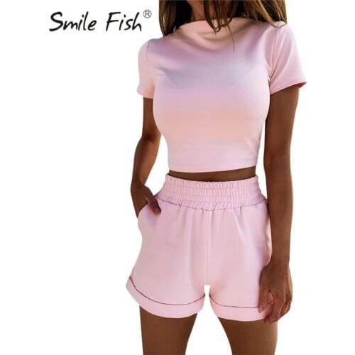 2 Pieces Sets Short Blouse Biker Shorts Women Casual Female Sets 2020 Summer Women Solid Pink Gray Two Piece Outfits G1705