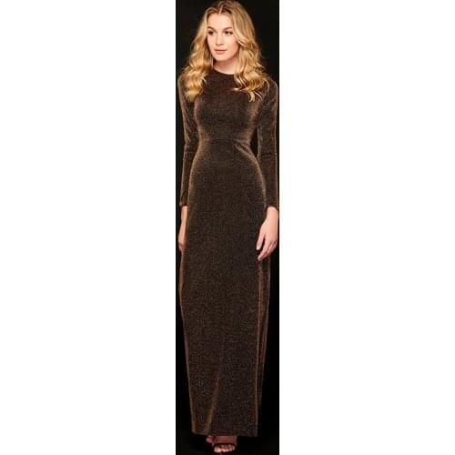 Tanpell scoop neck evening dress brown full sleeves floor length sheath gown women formal celebrity custom long evening dresses