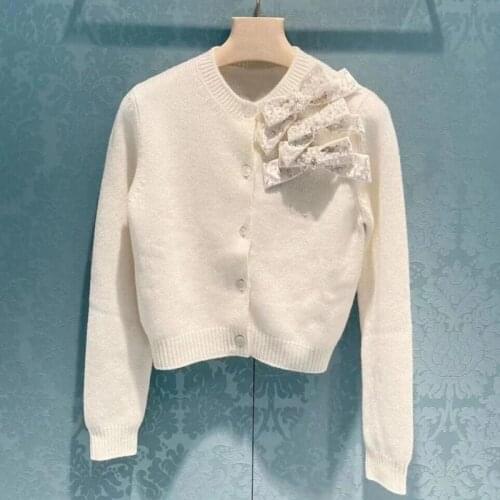 White Knitted Elegant Slim Sweater Casual Cardigan High Quality Luxury Beading Bow Fashion O-Neck Long-Sleeved Top Coat Women Ve