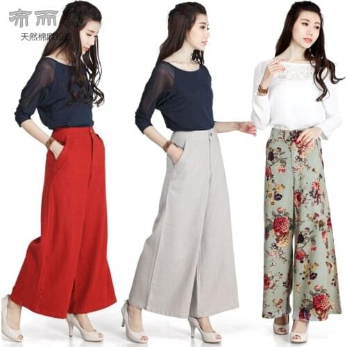 Womens printing high waist Cotton linen casual pants red pants skirt pants womens trousersWomens Retro linen wide leg pants