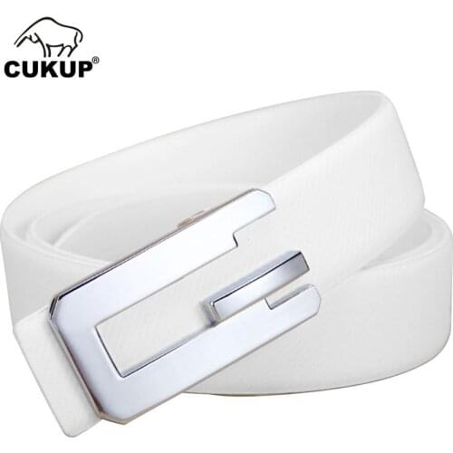 CUKUP Brand Name Design Quality White Cowskin Cowhide Men Male Sliver Smooth Buckle Metal Mens 3.3cm Width Belt for Men LUCK765