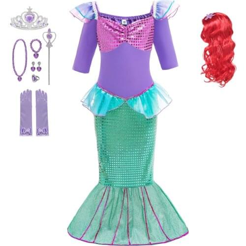 Girls Little Mermaid Halloween Princess Costume Child Sequins Ariel Dress Kids Christmas Carnival Birthday Party Fancy Clothing