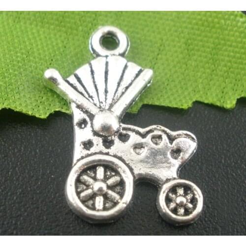 Doreen Box Lovely 50 PCs Silver Color Baby Carriage&Buggy Charms Pendants 19x12mm (B03871)