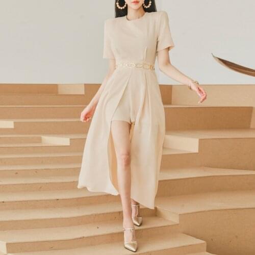 Women Elegant Solid Jumpsuit Ladies O-Neck Short Sleeve Summer Playsuit Romper Irregular Trousers