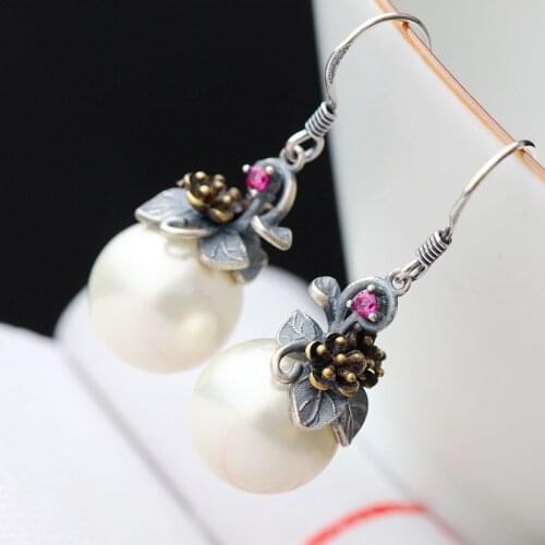 Fortune pavilion silver wholesale manually set shell beads, 925 silver earrings small flower vintage silver earrings