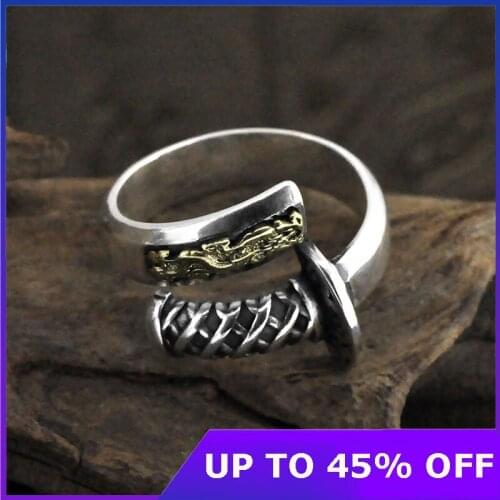 Real 925 sterling silver retro samurai sword open ring male Thai silver creative dragon sword ring men women jewelry gifts