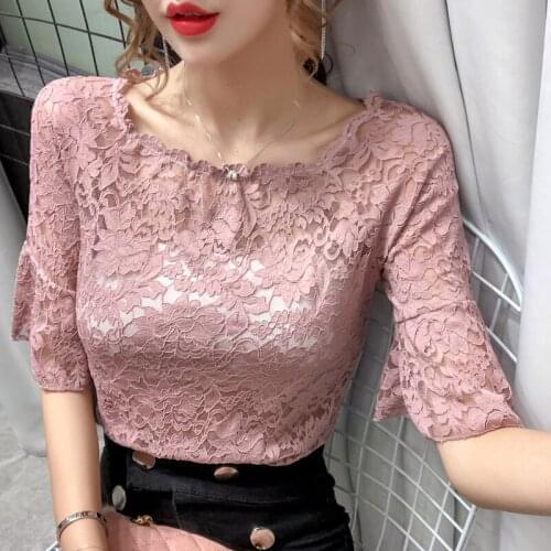 Lace Tops Women 2021 Summer New Sexy O-neck Hollow Half Sleeve T-Shirt Female Summer Korean Blusas Femininas Top Clothing Y664