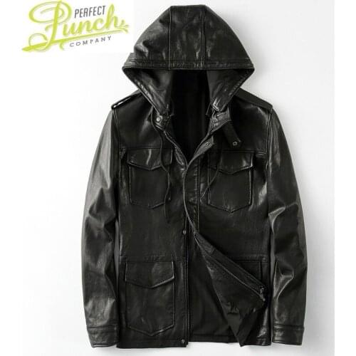 New Genuine Jacket 2021 Men Vintage Sheepskin Coat Hood Motorcycle Mens Leather Jackets Casaca Cuero KFS19M011