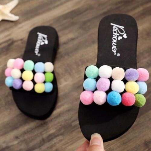 Summer Women Shoes flat Bath Slippers child Beach Color matching hair ball Flip Flops Female Girls Non-slip Slippers Shoes s635