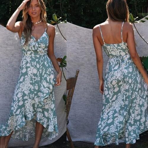 Fashion Summer Sexy Sleeveless Dress For Women 2021 New Style V-neck Strap Floral Print Bohemian Beach Holiday Dress Robe Femme