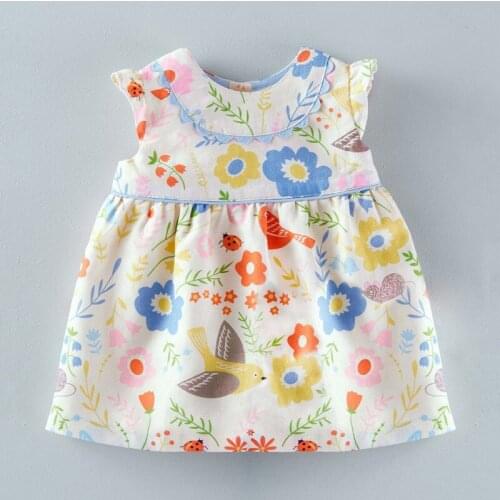 Little Maven New Summer Kids Floral Bird Animals Printed O-neck Girls 2-7yrs Short-sleeved Lace Cotton Knitted Sweet Dresses