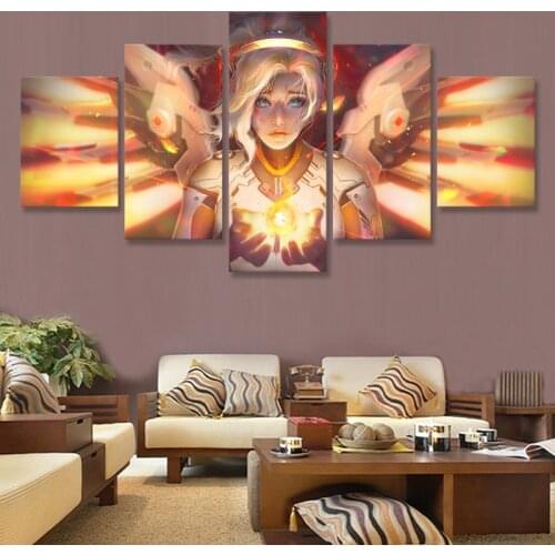 Overwatchs Mercy Blue Eyes Wings Canvas Painting 5 Pieces Posters and Prints Art Print Wall Painting Living Room