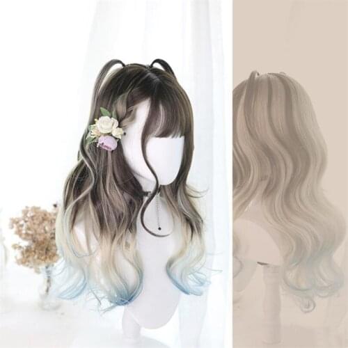 Gradient Brown Blue Lolita Wig Harajuku Fairy Cosplay Bangs Curly Long Wavy Sweet Fringe Adult Girls Hair