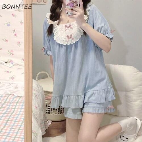 Pajama Sets Women 2 Piece Kawaii Summer Korean Style Square Collar Sleepwear Mujer Ruffles New Fashion Bow Elegant Comfortable