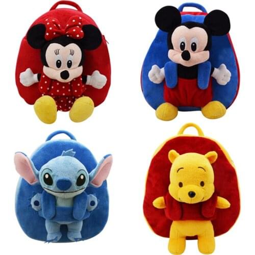 Disney Minnie Plush Doll Childrens Cartoon School Bag Anime Mickey Mouse Stich Backpack Removable Plush Doll for Girl Gift