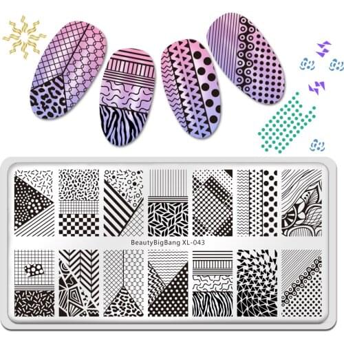 BEAUTYBIGBANG Rectangle Nail Art Stamping Plate Leaves Geometric Lattice Point Wave Puzzle Manicure DIY Decoration
