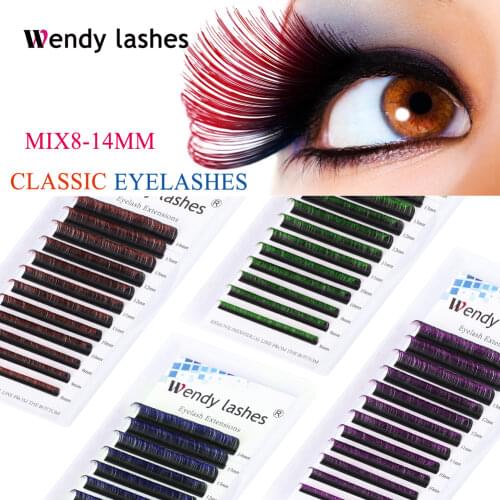 12 Row Ombre Red Green Brown Blue Classic Colored Eyelash Extension Individual Faux Mink Makeup Eye Lashes Professional Supplies