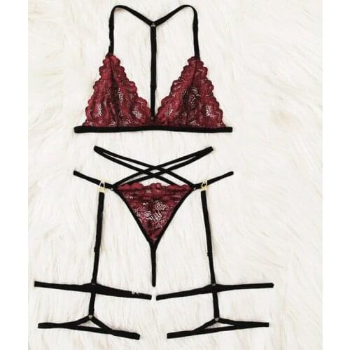 Sexy Lingerie Set Lace Straps Women Bra Set Garter Chest Bra Lingerie Set Bandage Underwear Black