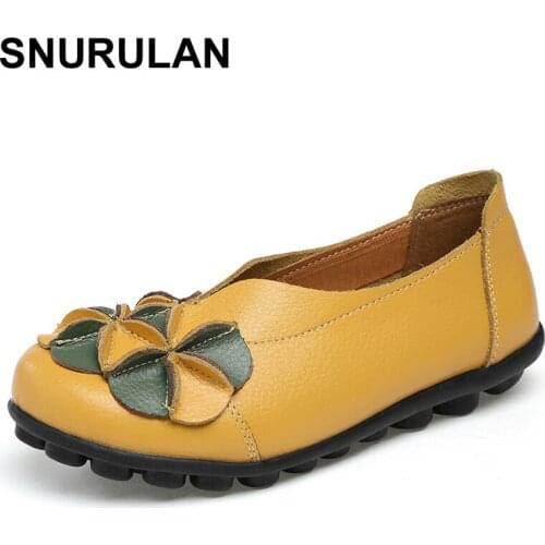 SNURULAN Woman Genuine Leather Flat Shoes Handmade Loafers Slip On comfortable shoes Female Casual Shoes