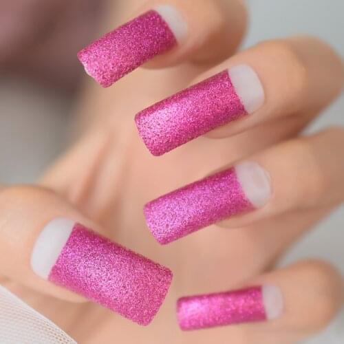 Hot Pink Glitter Press on Fake Nails Long Square Top Half Cover Acrylic False Extention Nails for Women and Girls 24Pcs