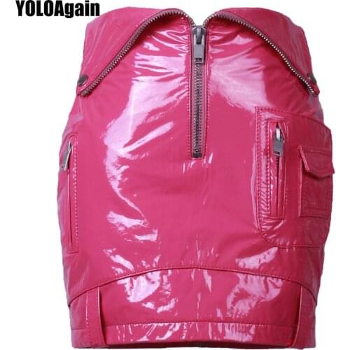 YOLOAgain Women Genuine Leather Jacket Patent Leather Mini Skirt