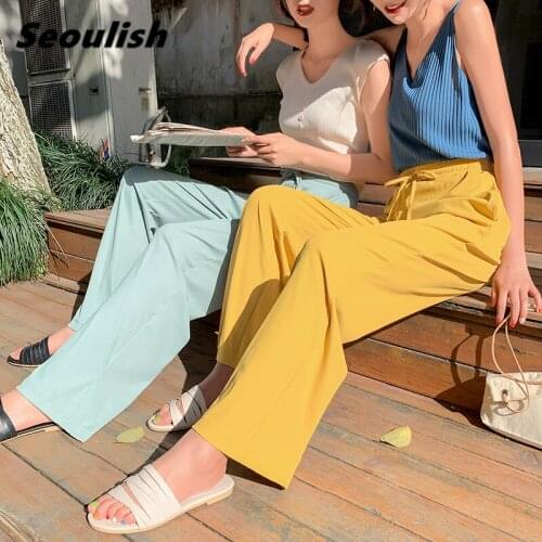 Seoulish Summer Ice Silk Oversize Women Wide Leg Pants 2021 New High Waist Candy Color Lace Up Female Casual Loose Trouses