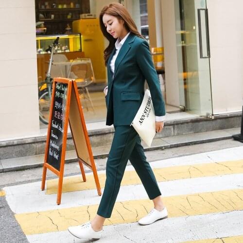 2019 Work Pant Suits for Women Business interview suit set uniform smil Blazer and Pencil Nine points Pant OL Office 2 Piece Set