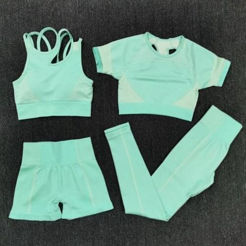 New 4 PCS Women Summer Seamless yoga set Fitness Sports Suits GYM Clothing Yoga bra top High Waist shorts leggings Workout Pants